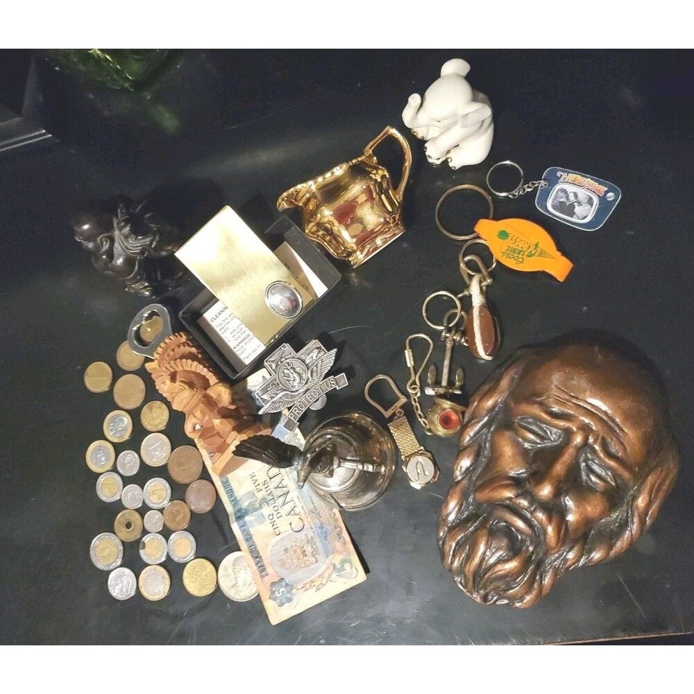 Vintage Junk Drawer Lot WWI Vet Army Coins Money Clip Trinkets Keychain Military